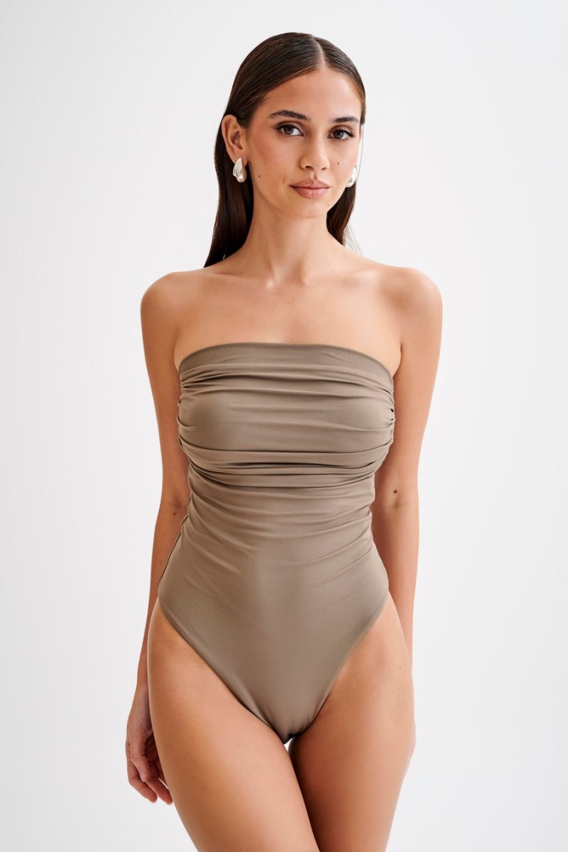 Women's Meshki Romina Recycled Nylon Ruched Bodysuit Chocolate Australia | N8A-8538