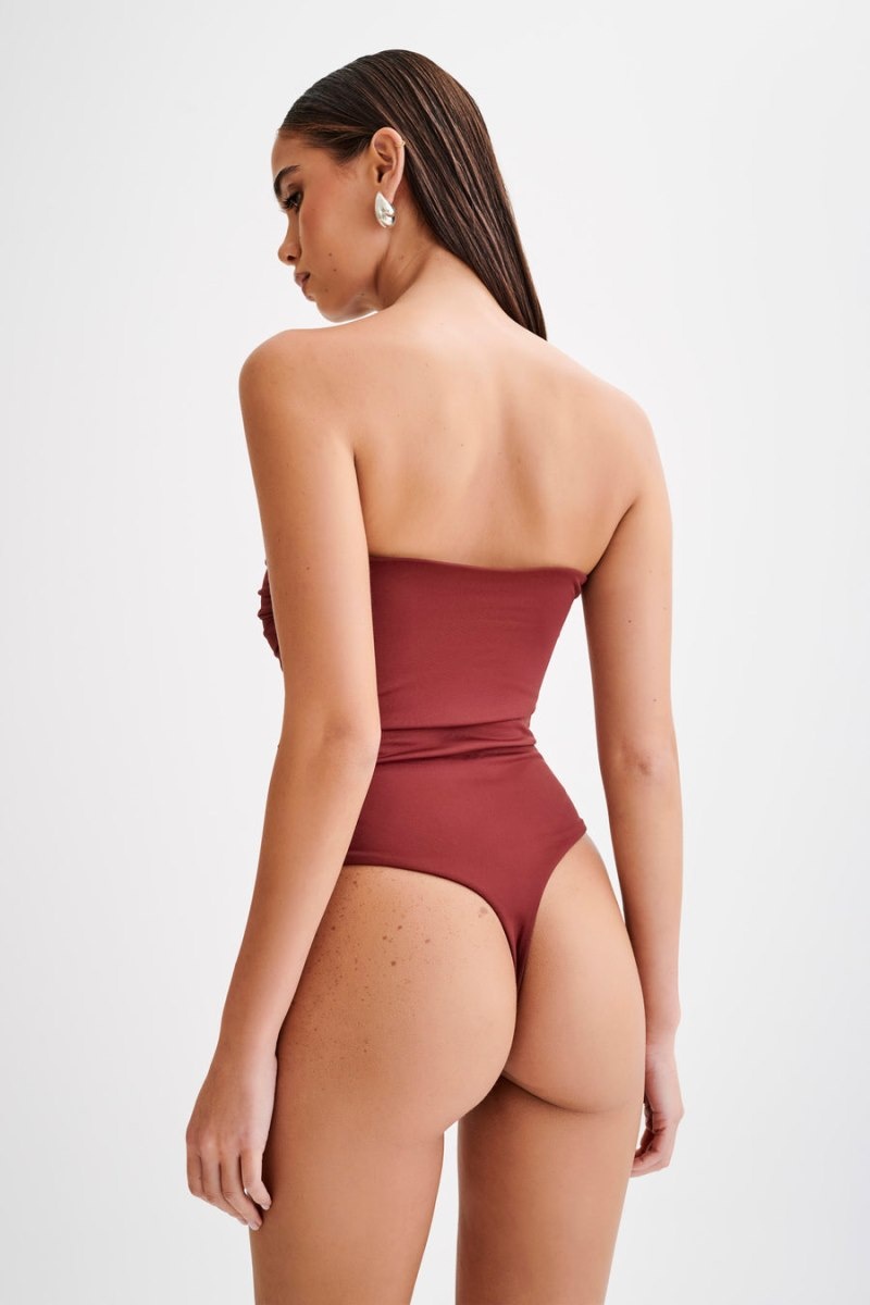 Women's Meshki Romina Recycled Nylon Ruched Bodysuit Dark Red Australia | U2W-7004