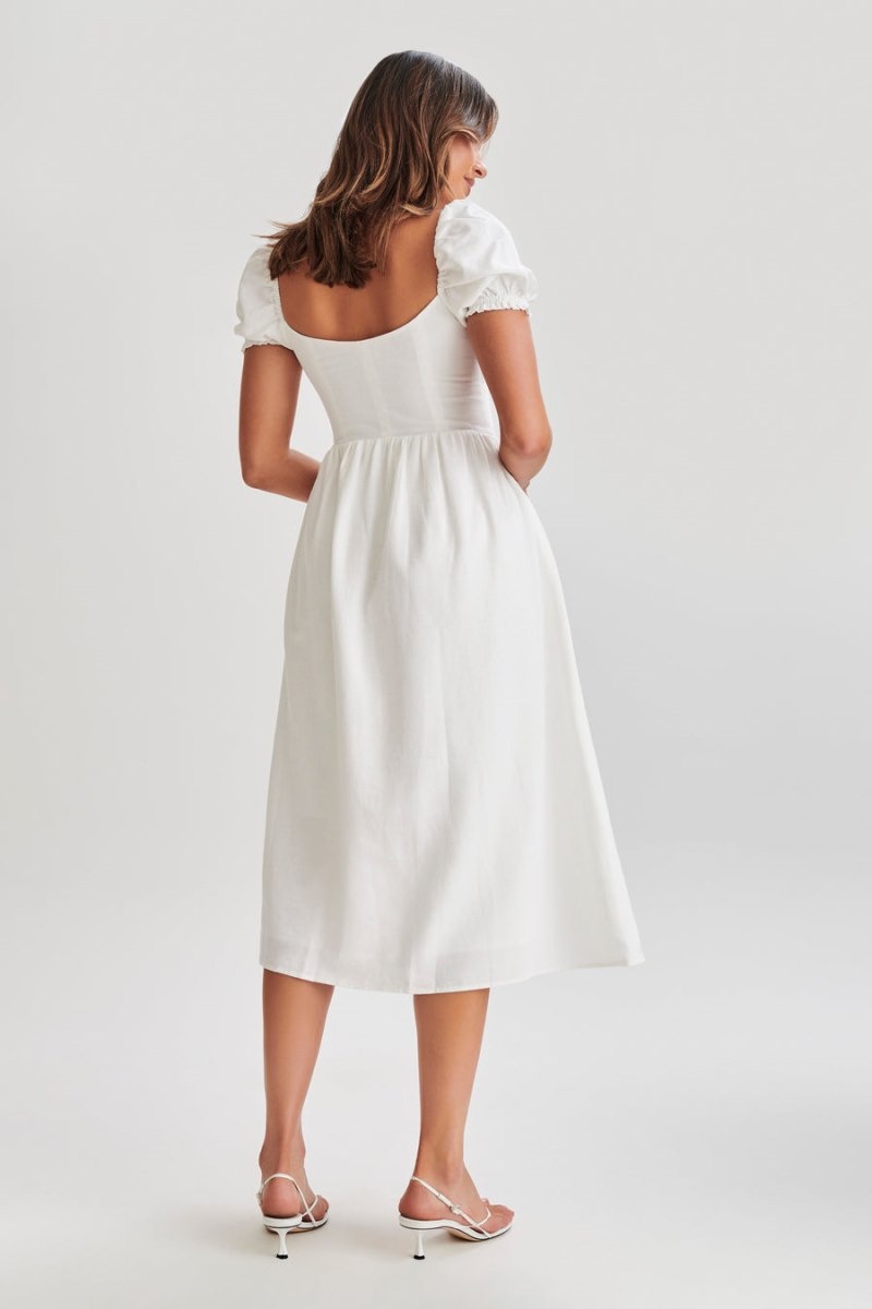 Women's Meshki Rosalind Puff Sleeve Midi Dress White Australia | I6Y-4060