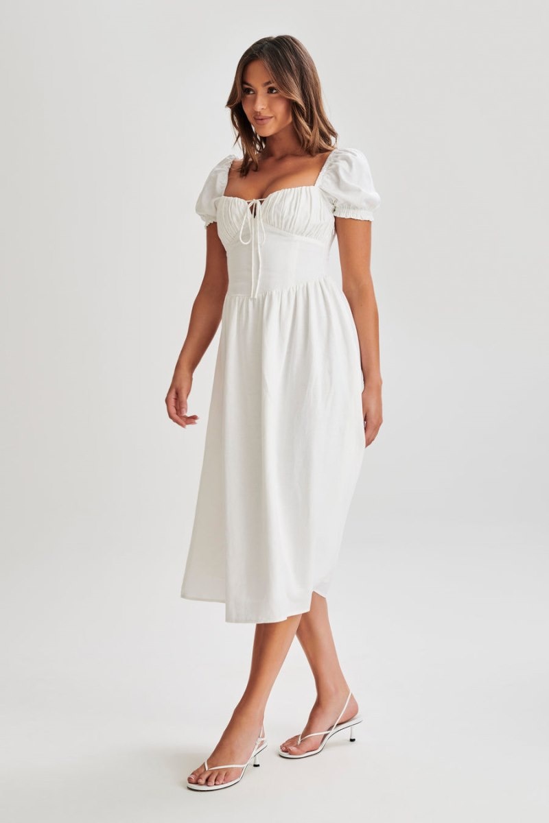 Women's Meshki Rosalind Puff Sleeve Midi Dress White Australia | I6Y-4060