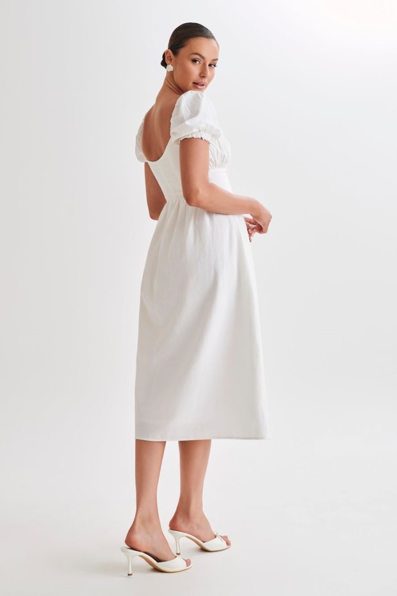 Women's Meshki Rosalind Puff Sleeve Midi Dress White Australia | I6Y-4060