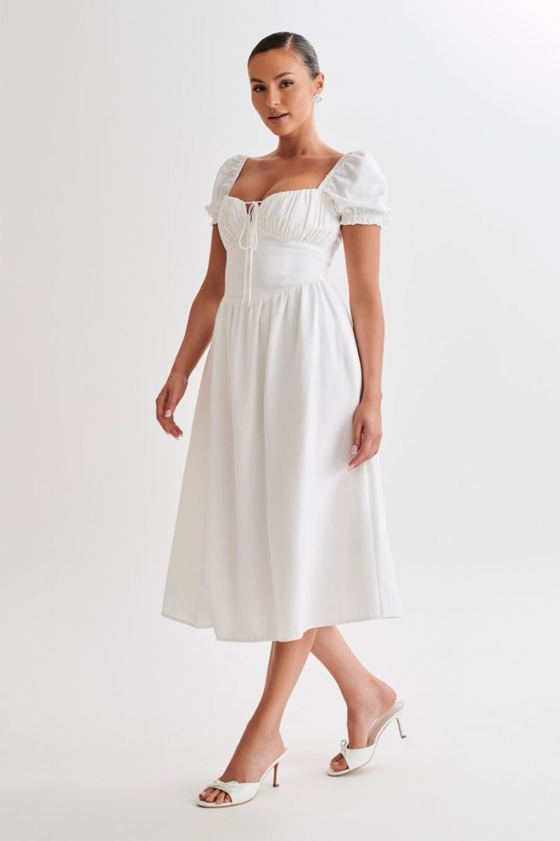 Women's Meshki Rosalind Puff Sleeve Midi Dress White Australia | I6Y-4060