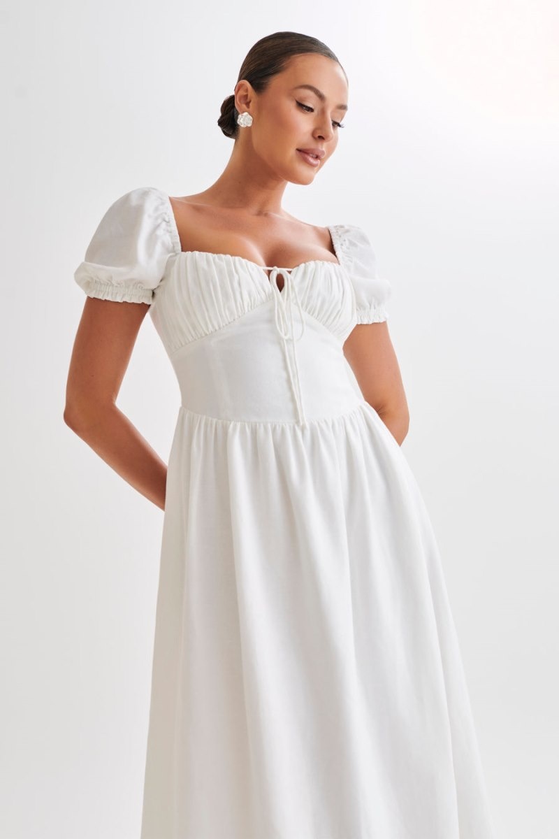 Women's Meshki Rosalind Puff Sleeve Midi Dress White Australia | I6Y-4060