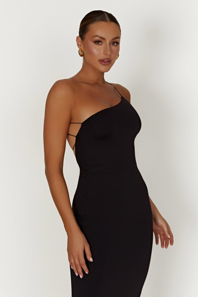 Women's Meshki Rosalind Recycled Nylon One Shoulder Midi Dress Black Australia | V4V-4599