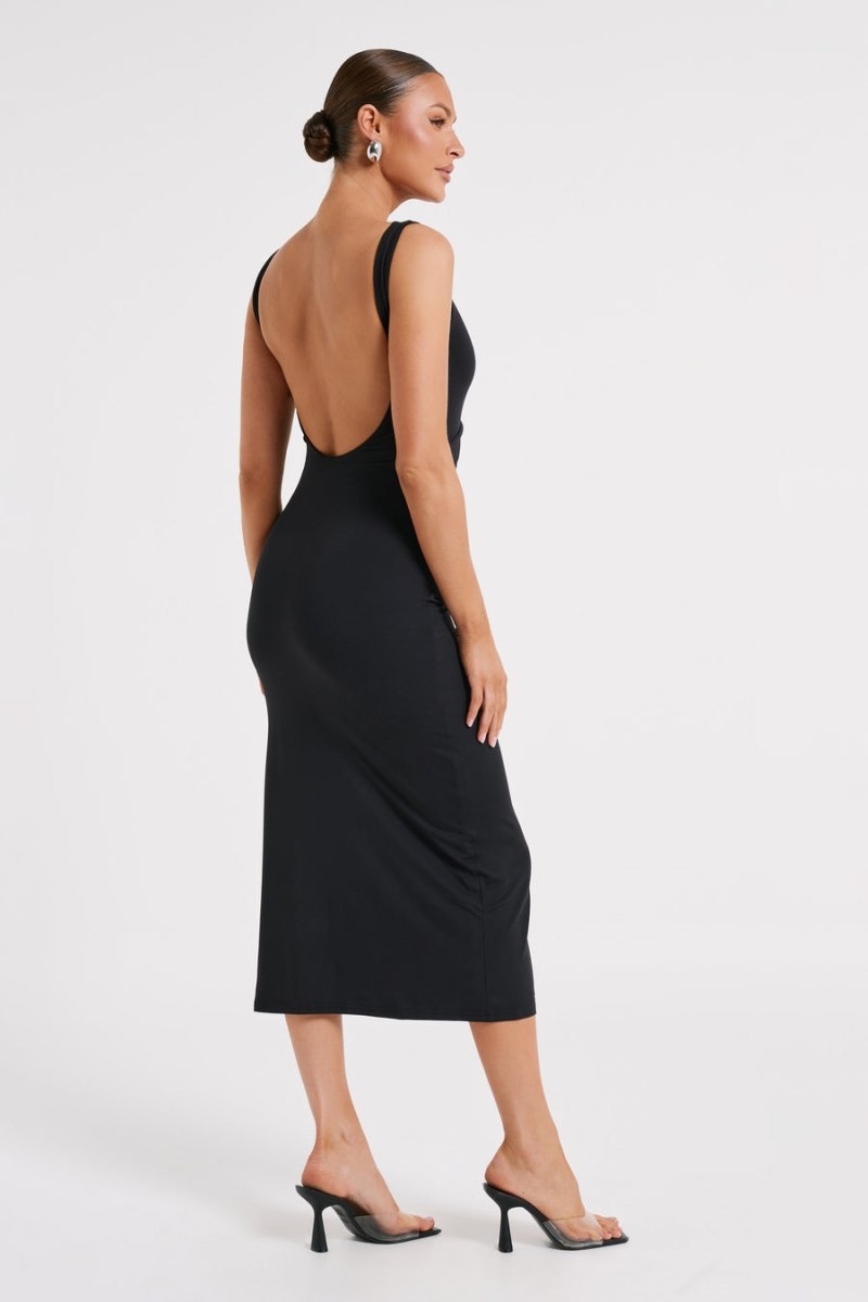 Women's Meshki Rosita Recycled Nylon Backless Midi Dress Black Australia | M0I-1343