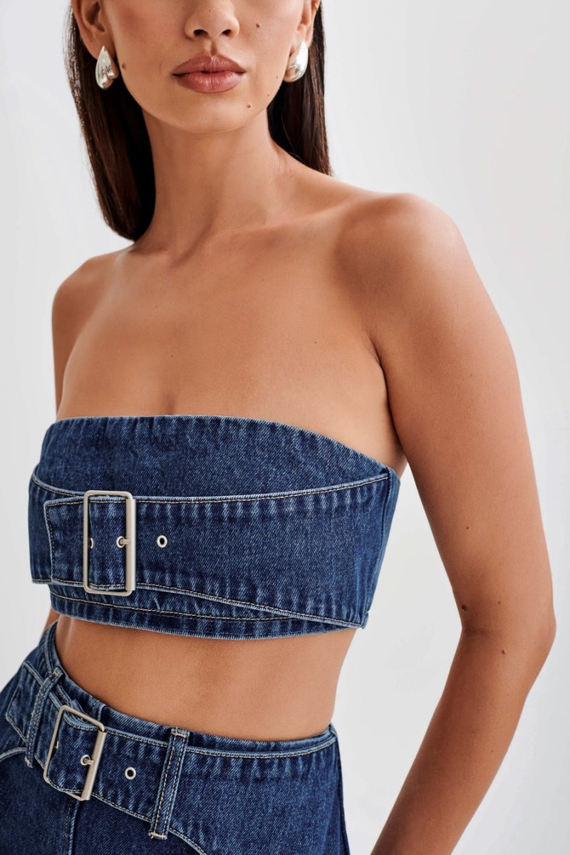 Women's Meshki Rowena Denim Buckle Bandeau Tops Dark Blue Australia | R0M-3133