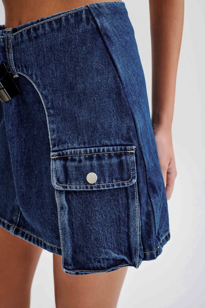 Women's Meshki Rowena Denim Buckle Mini Skirts Dark Blue Australia | R1N-3887