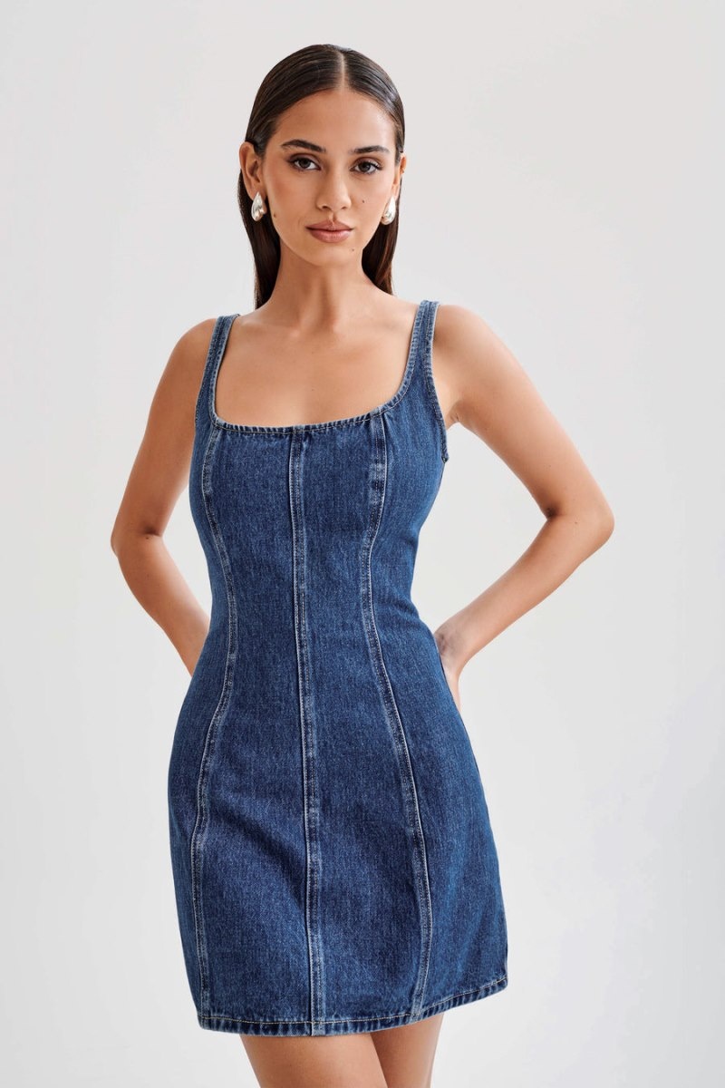 Women's Meshki Rue Denim Mini Dress Dark Blue Australia | P7R-6204