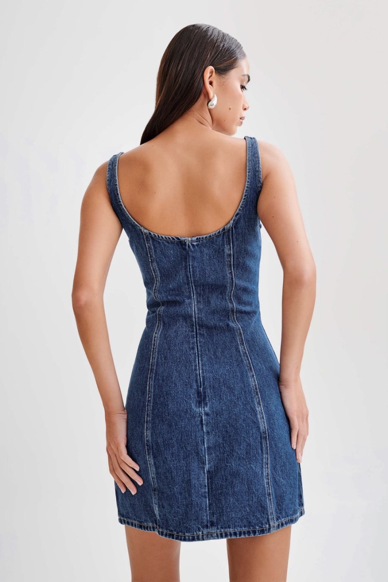 Women's Meshki Rue Denim Mini Dress Dark Blue Australia | P7R-6204