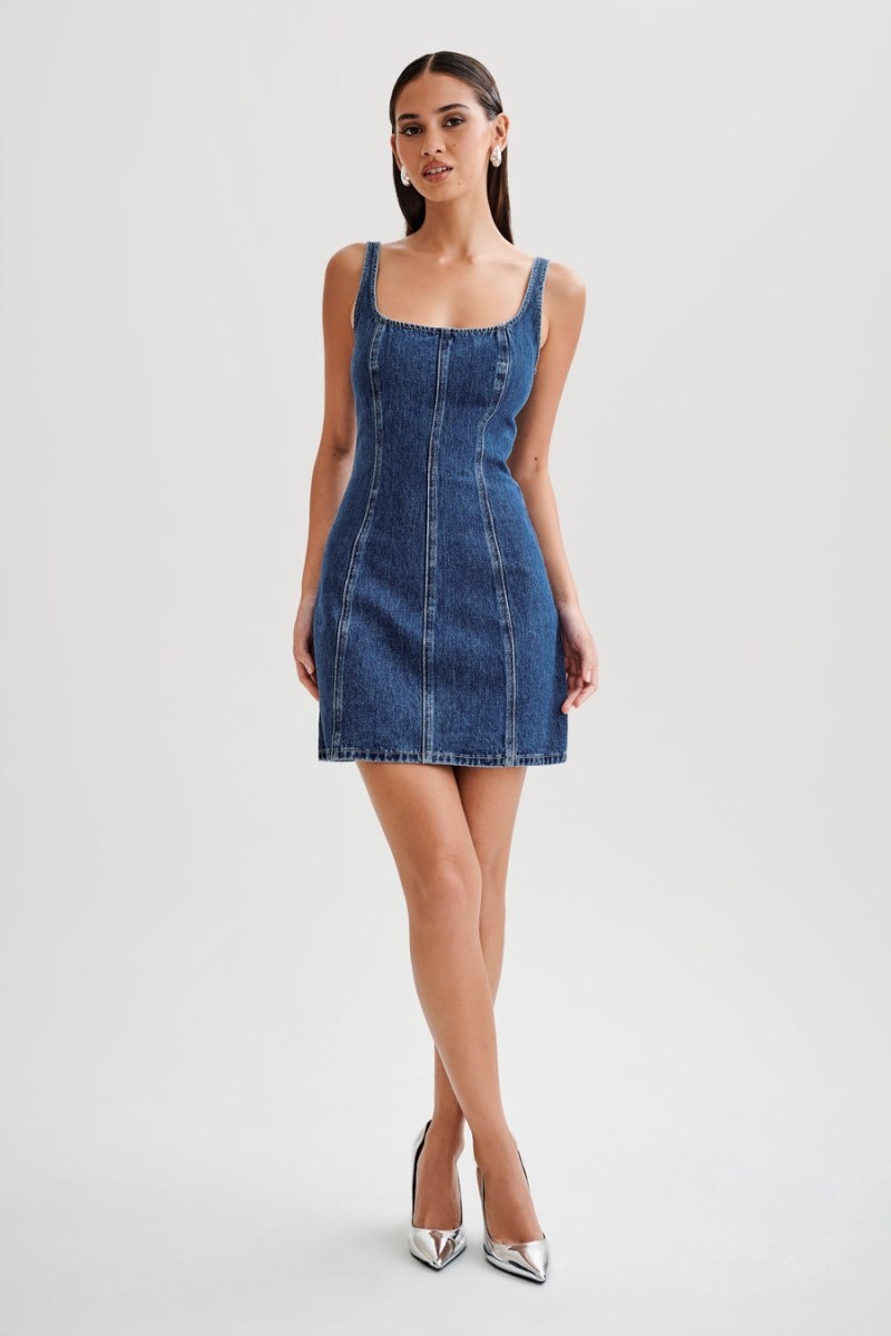 Women's Meshki Rue Denim Mini Dress Dark Blue Australia | P7R-6204