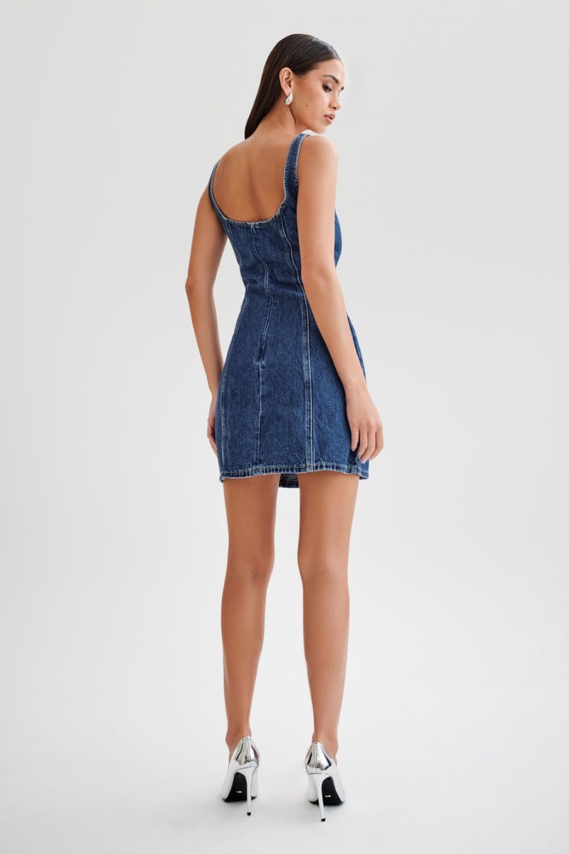 Women's Meshki Rue Denim Mini Dress Dark Blue Australia | P7R-6204