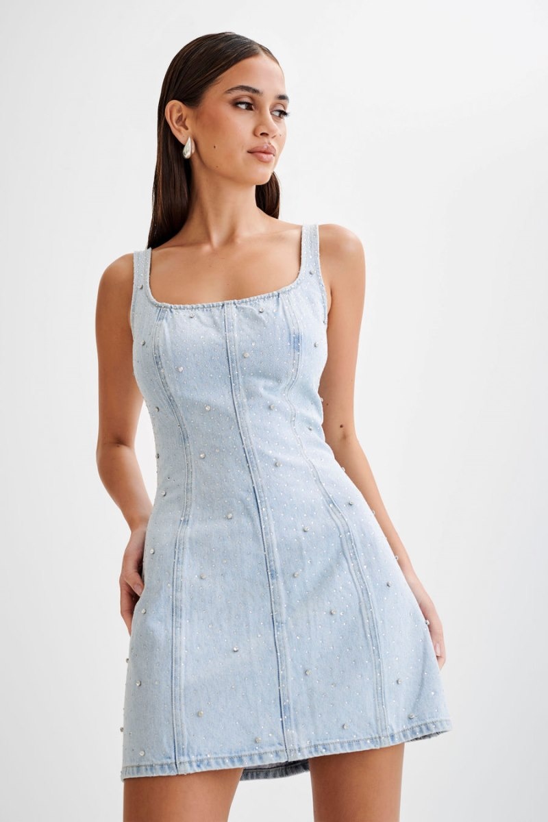 Women's Meshki Rue Embellished Denim Mini Dress Light Blue Australia | X9R-6139