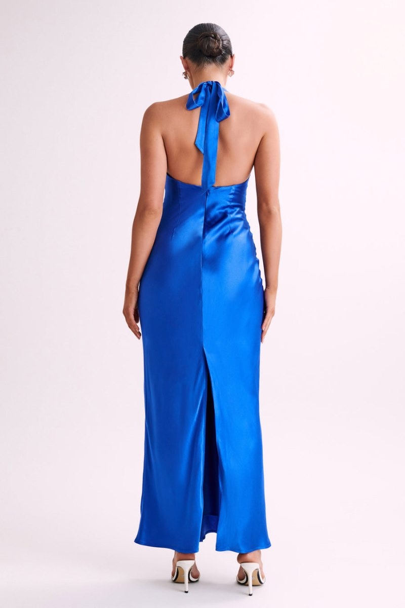 Women's Meshki Sabra Satin Halter Maxi Dress Blue Australia | E9G-6691