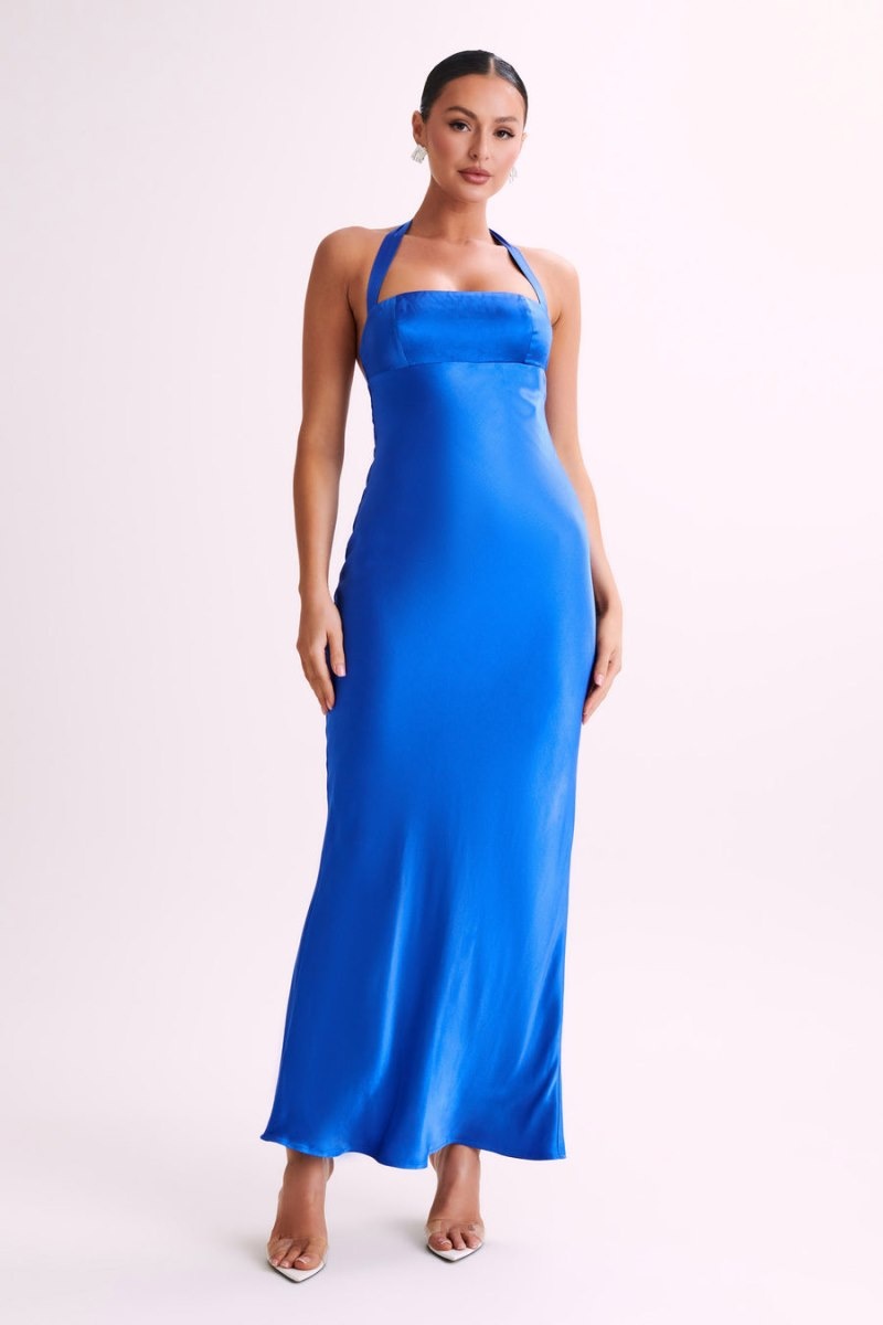 Women's Meshki Sabra Satin Halter Maxi Dress Blue Australia | E9G-6691