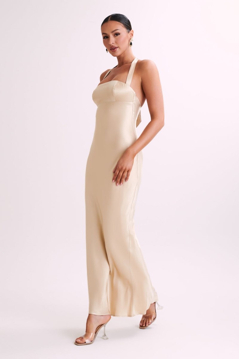 Women's Meshki Sabra Satin Halter Maxi Dress Gold Australia | B6L-0864