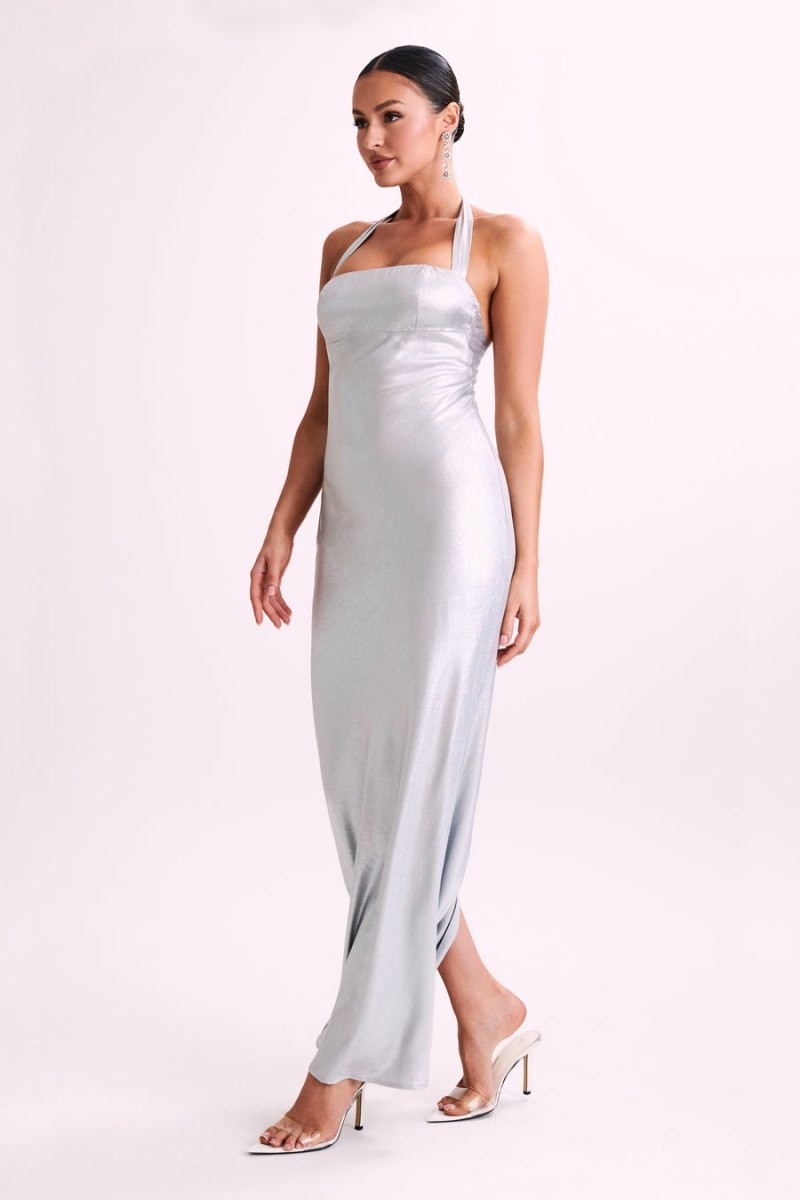 Women's Meshki Sabra Satin Halter Maxi Dress Silver Australia | P2O-7752