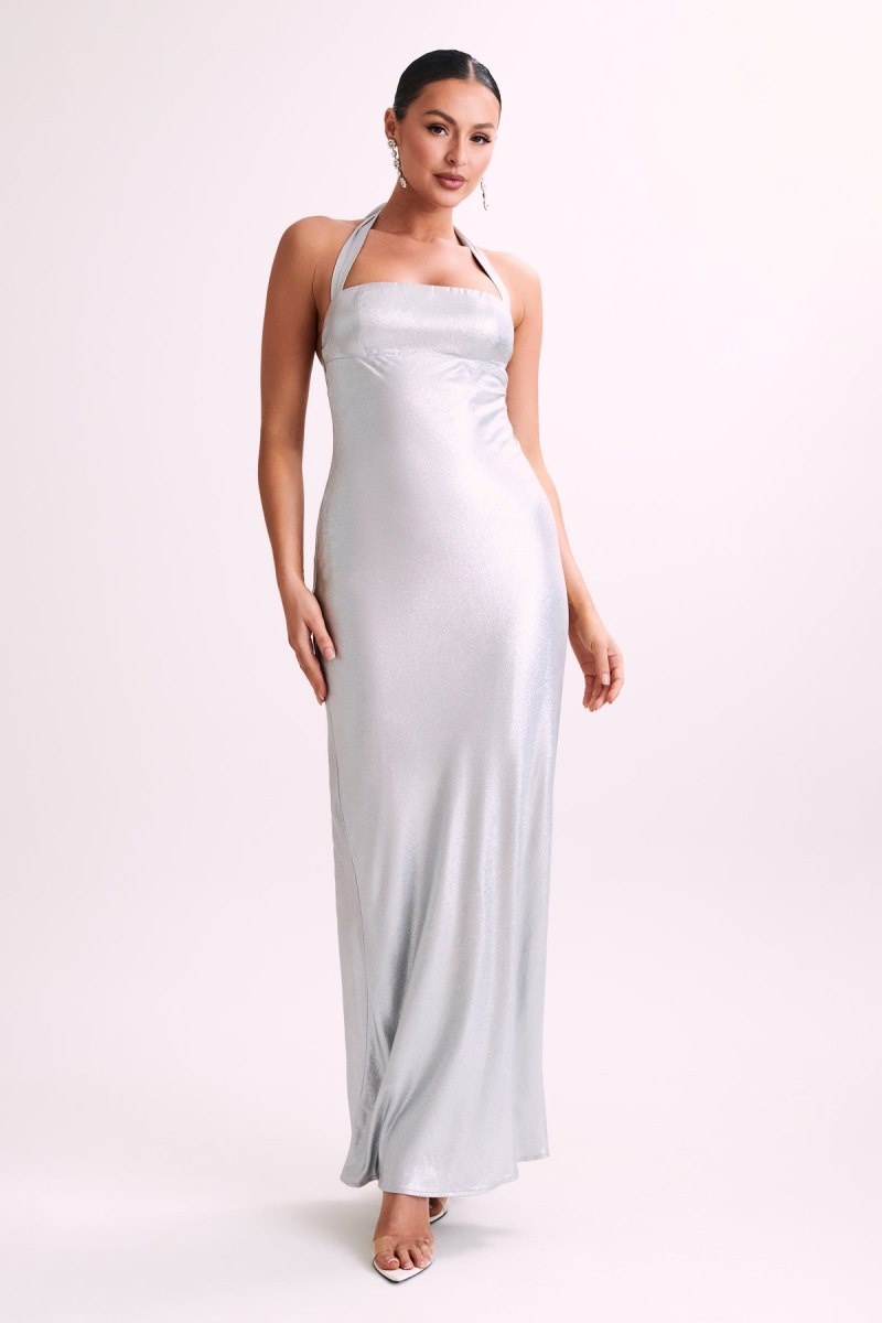 Women\'s Meshki Sabra Satin Halter Maxi Dress Silver Australia | P2O-7752