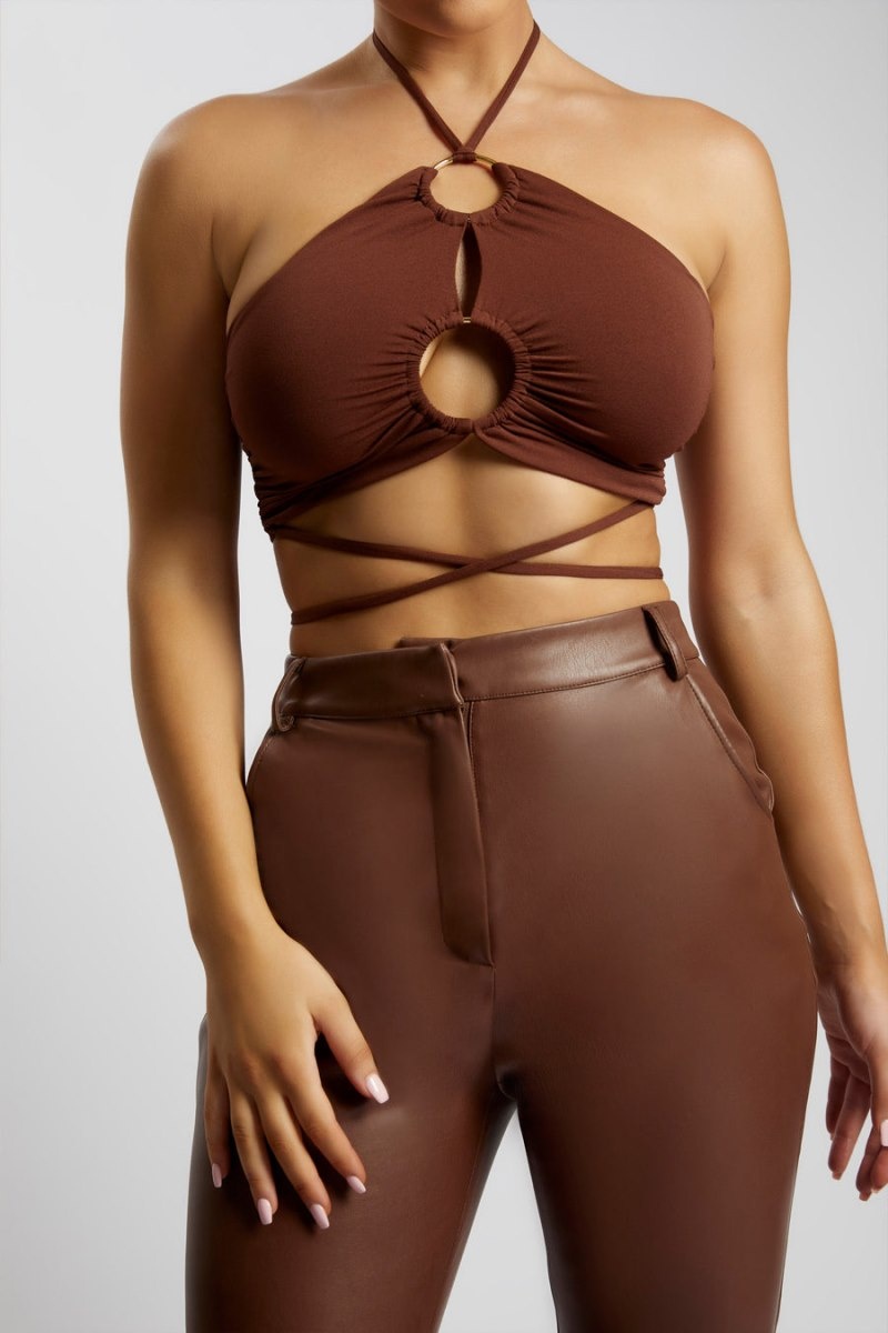 Women's Meshki Sabrina Ruched Halter Crop Tops Chocolate Australia | S0M-7484