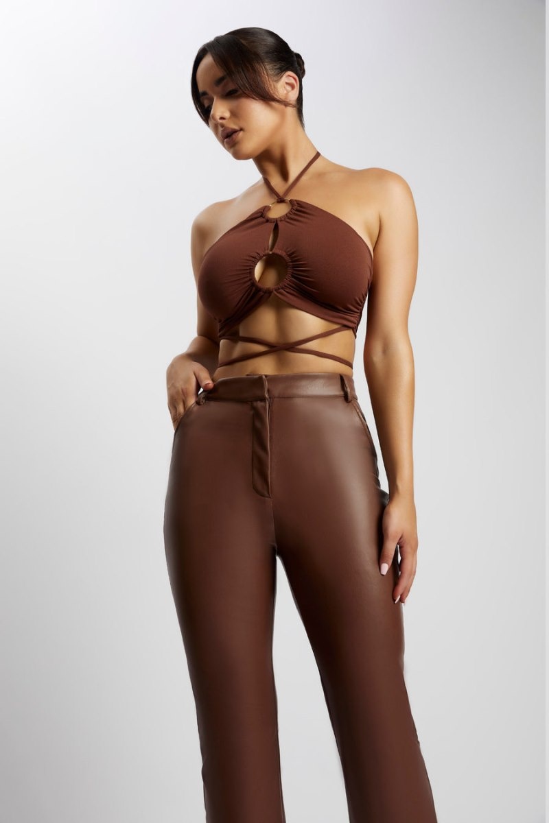 Women's Meshki Sabrina Ruched Halter Crop Tops Chocolate Australia | S0M-7484