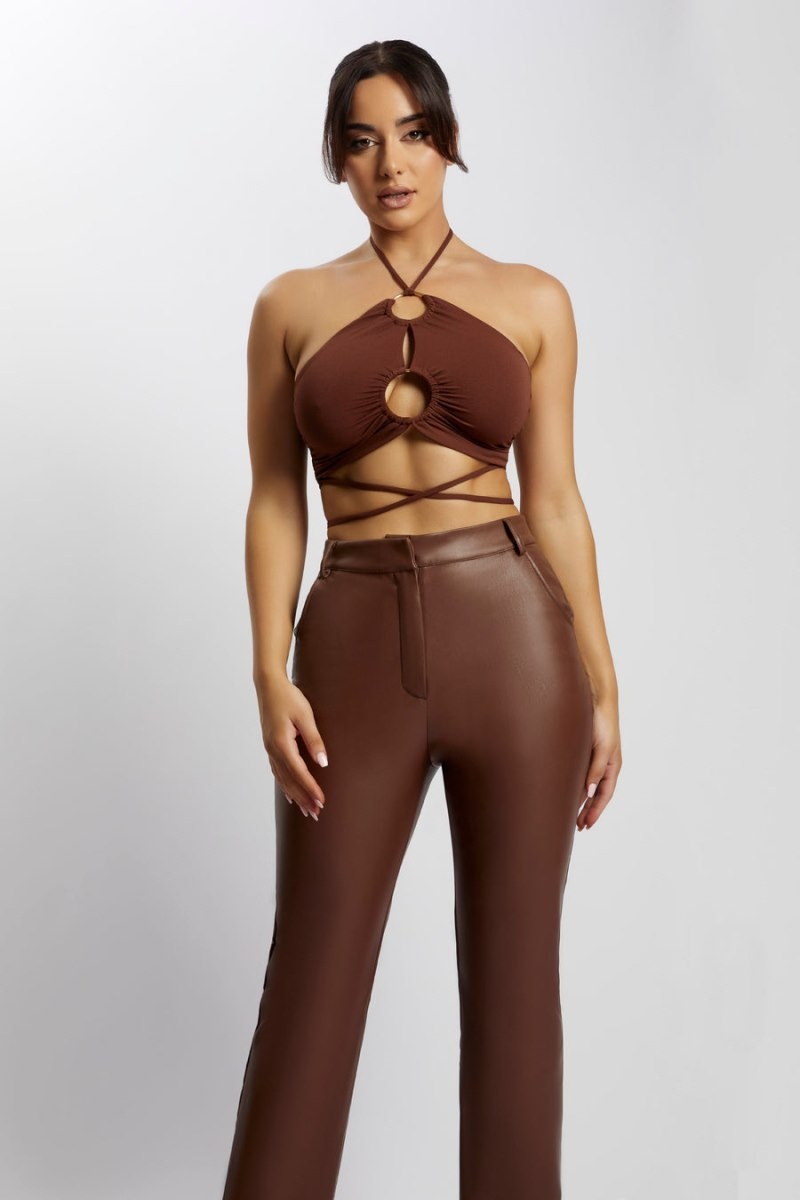 Women's Meshki Sabrina Ruched Halter Crop Tops Chocolate Australia | S0M-7484