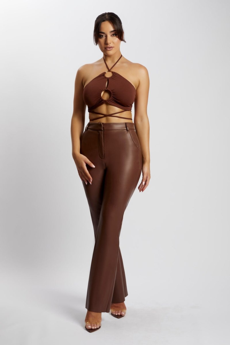 Women's Meshki Sabrina Ruched Halter Crop Tops Chocolate Australia | S0M-7484