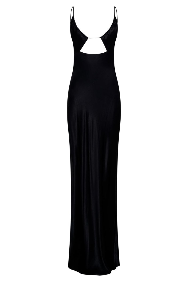 Women's Meshki Sadie Satin Halter Ruched Slip Maxi Dress Black Australia | M2Z-6055