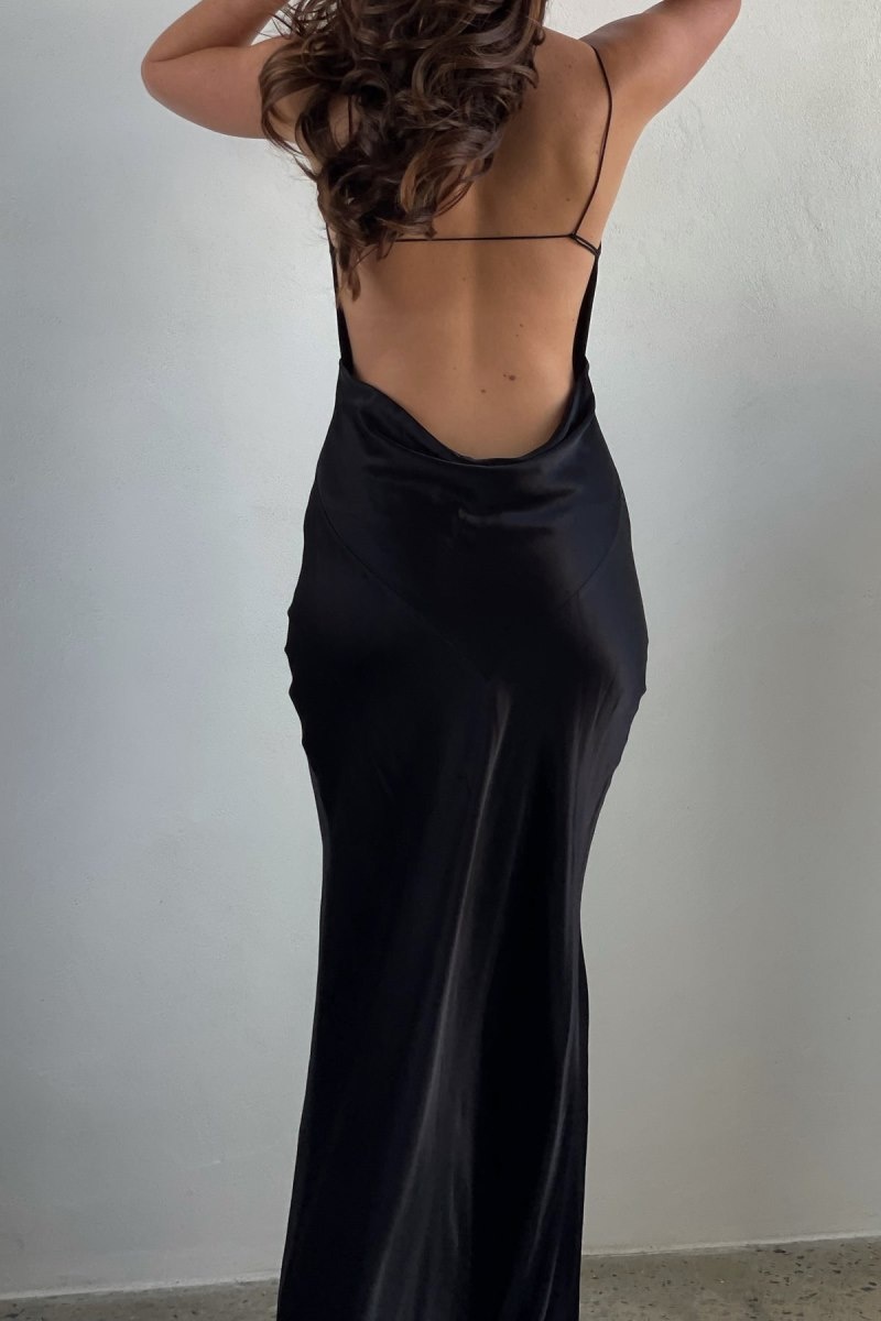 Women\'s Meshki Sadie Satin Halter Ruched Slip Maxi Dress Black Australia | M2Z-6055