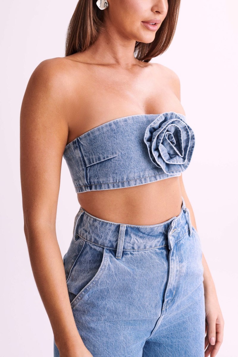 Women's Meshki Samantha Rose Denim Bandeau Tops Blue Australia | N5Q-2334