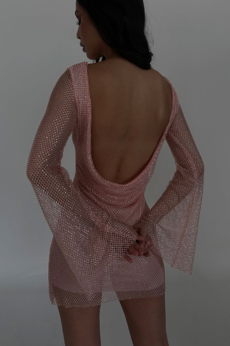 Women's Meshki Samira Flare Sleeve Diamante Mesh Mini Dress Pink Australia | U2M-0320