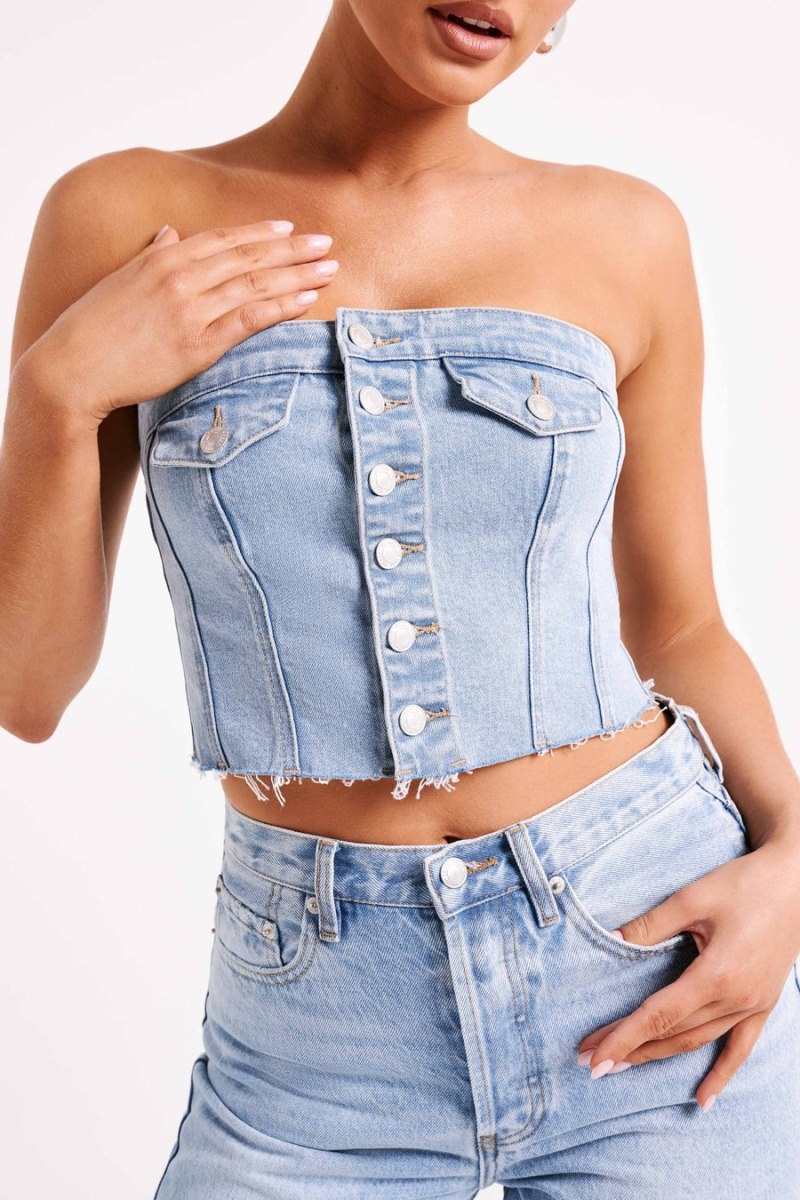 Women's Meshki Sandy Buttoned Denim Tube Tops Blue Australia | M6D-3772