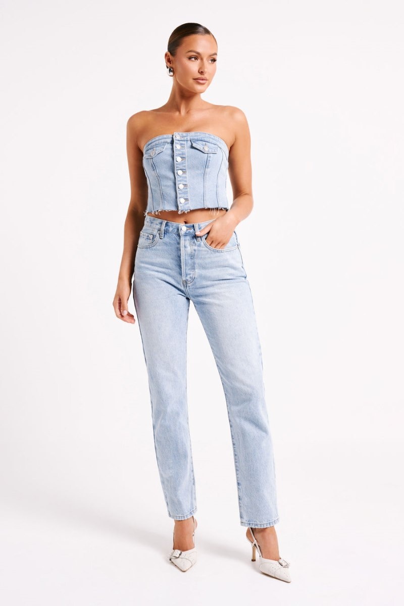 Women's Meshki Sandy Buttoned Denim Tube Tops Blue Australia | M6D-3772