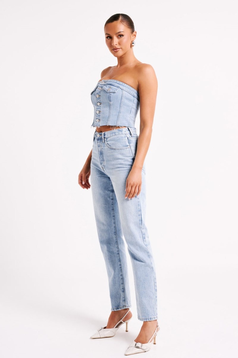 Women's Meshki Sandy Buttoned Denim Tube Tops Blue Australia | M6D-3772