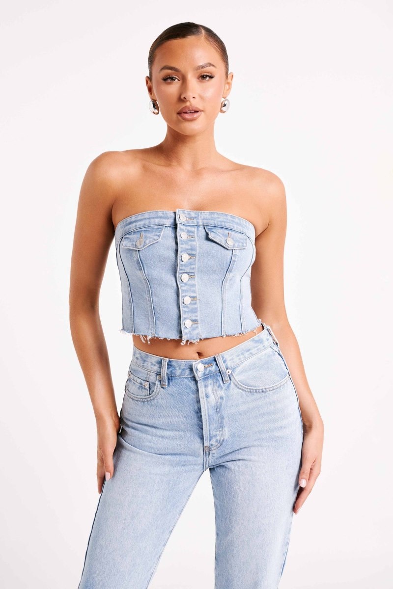 Women\'s Meshki Sandy Buttoned Denim Tube Tops Blue Australia | M6D-3772