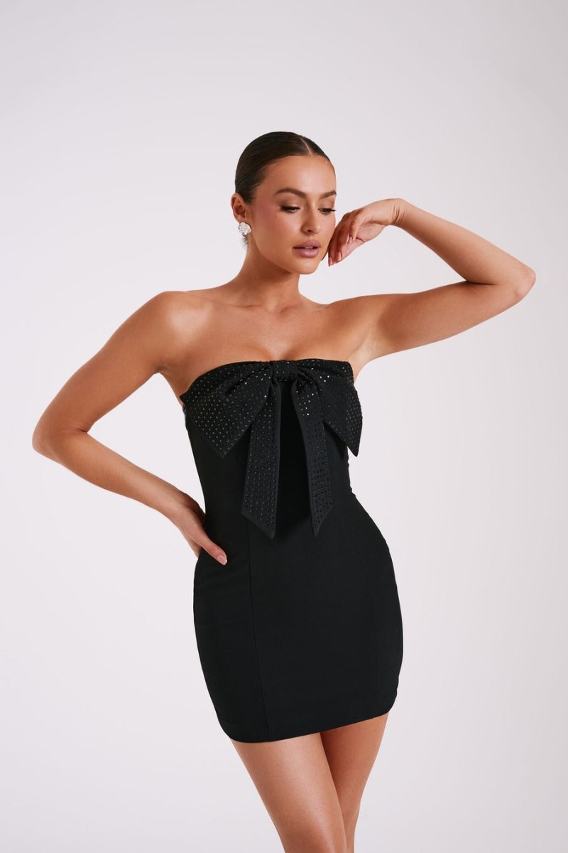 Women's Meshki Saoirse Strapless Diamante Bow Mini Dress Black Australia | P6X-4612