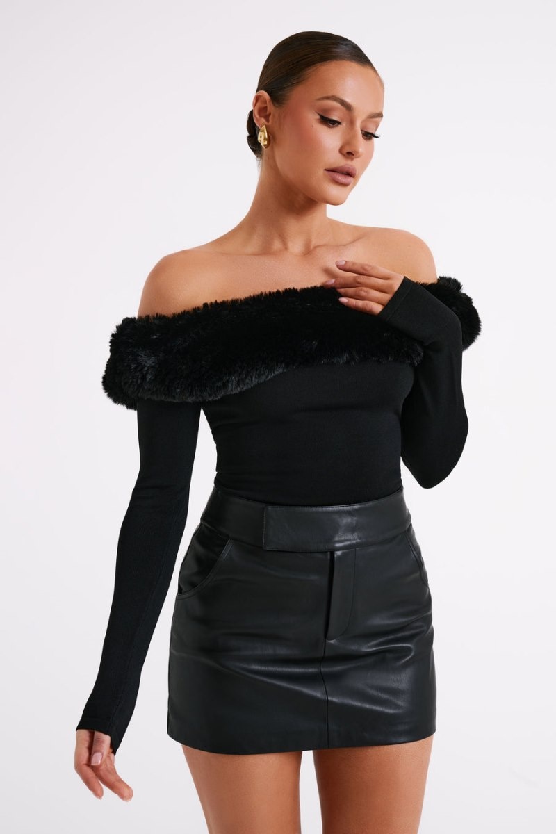 Women's Meshki Sare Off Shoulder Fur Trim Knit Tops Black Australia | Z1B-2285