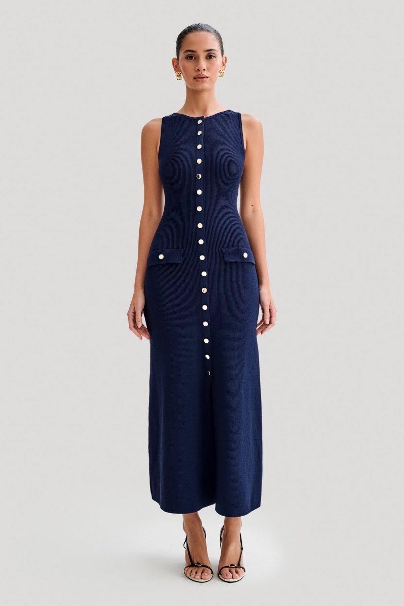 Women\'s Meshki Sawyer Sleeveless Buttoned Maxi Dress Navy Australia | S1J-4091