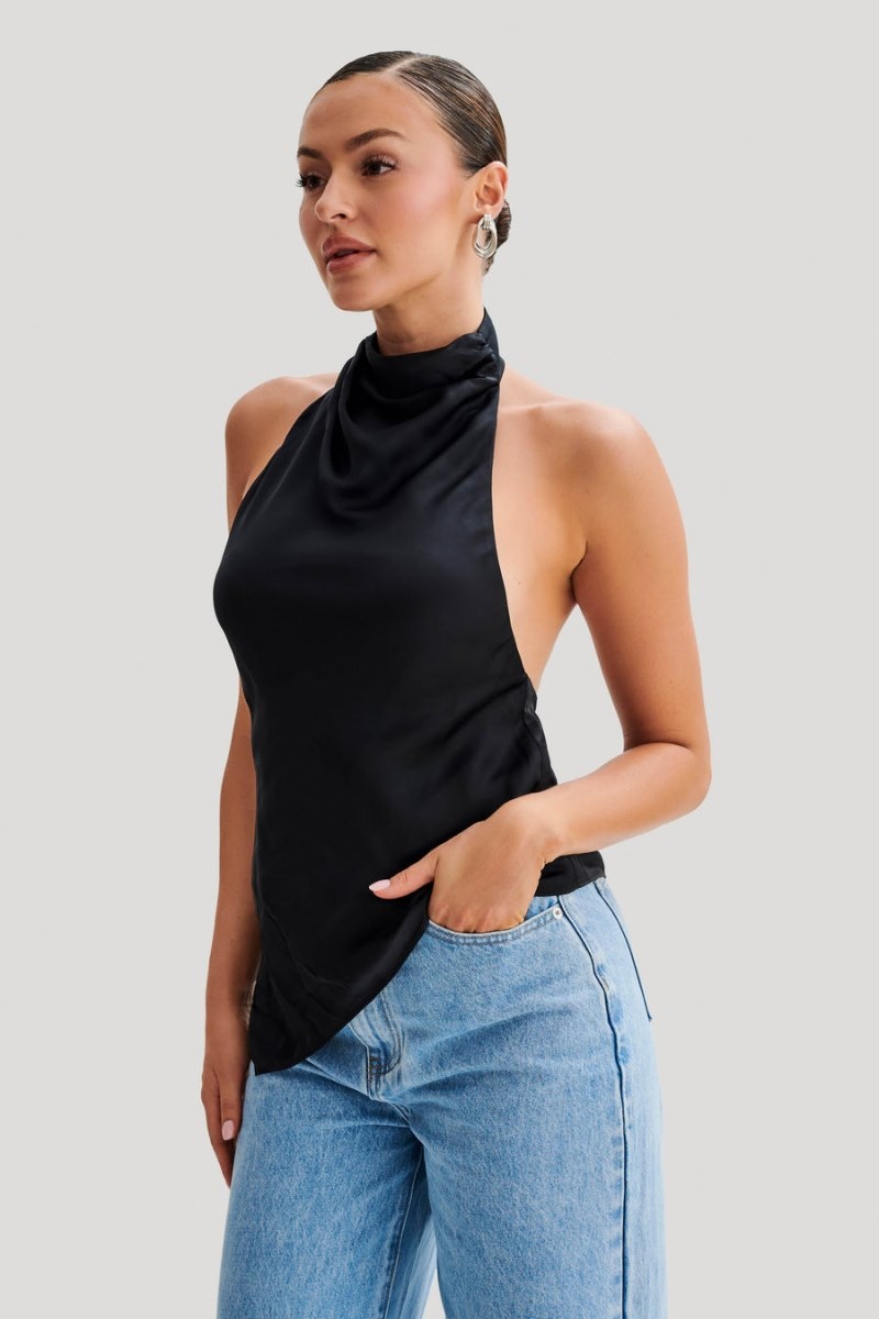 Women's Meshki Seraphine Satin Halter Tops Black Australia | P8Z-0244