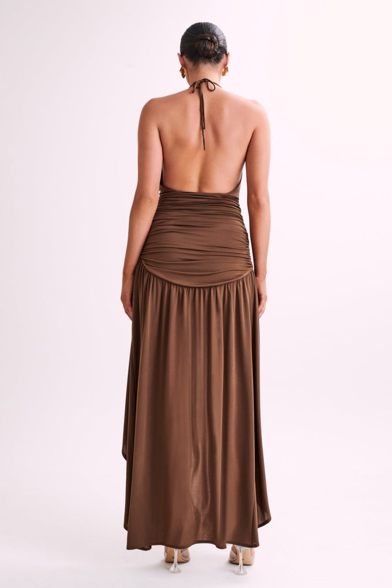 Women's Meshki Serenity Ruched Slinky Maxi Dress Chocolate Australia | P9D-2377