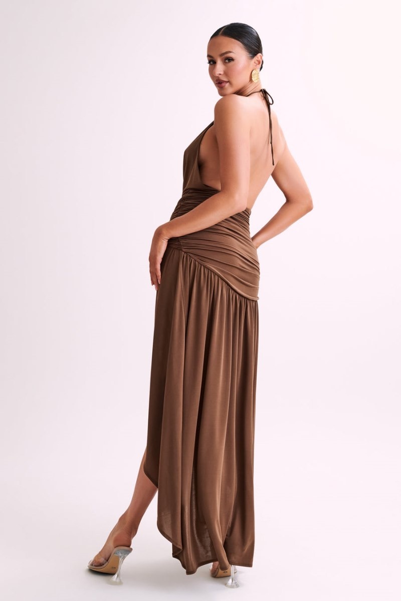 Women's Meshki Serenity Ruched Slinky Maxi Dress Chocolate Australia | P9D-2377