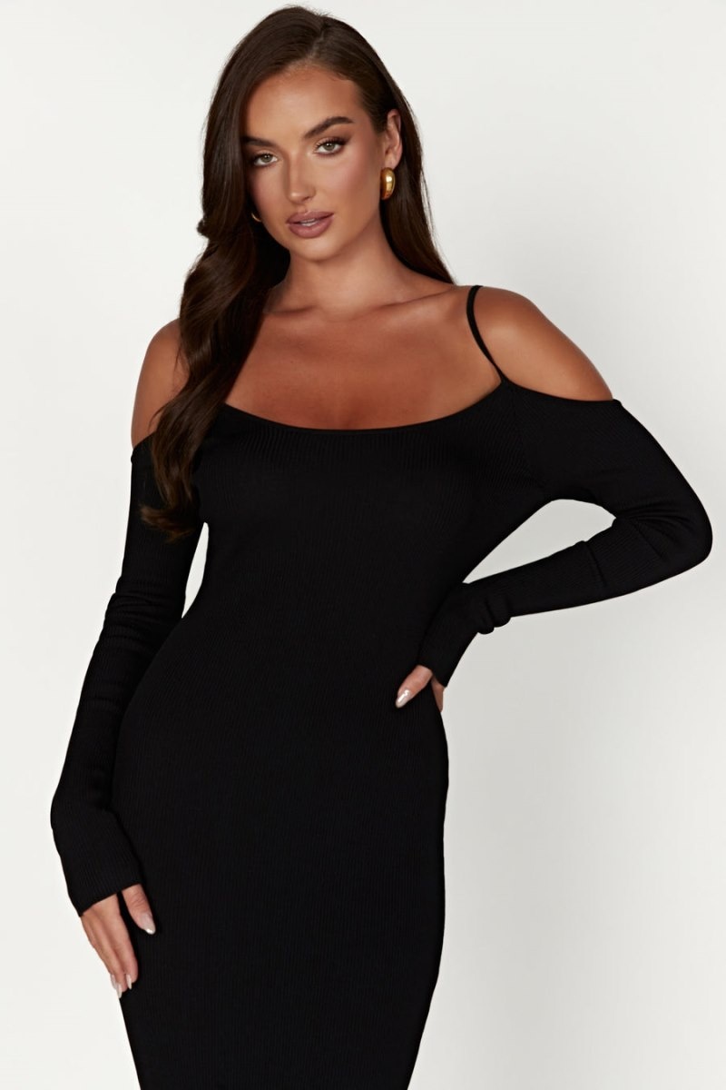 Women's Meshki Shea Off Shoulder Knit Midi Dress Black Australia | J0O-9303