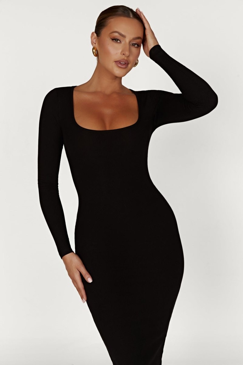 Women's Meshki Sierra Scoop Neck Long Sleeve Midi Dress Black Australia | U4K-7012