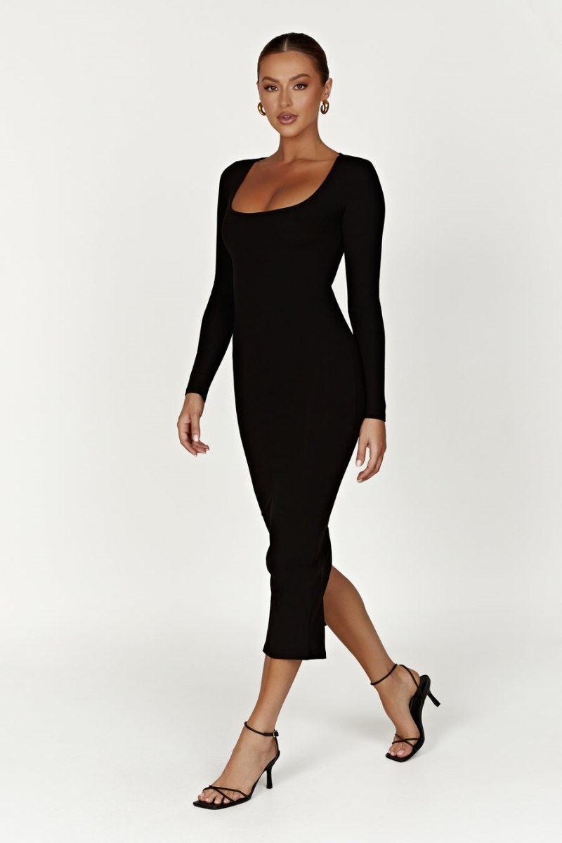 Women's Meshki Sierra Scoop Neck Long Sleeve Midi Dress Black Australia | U4K-7012