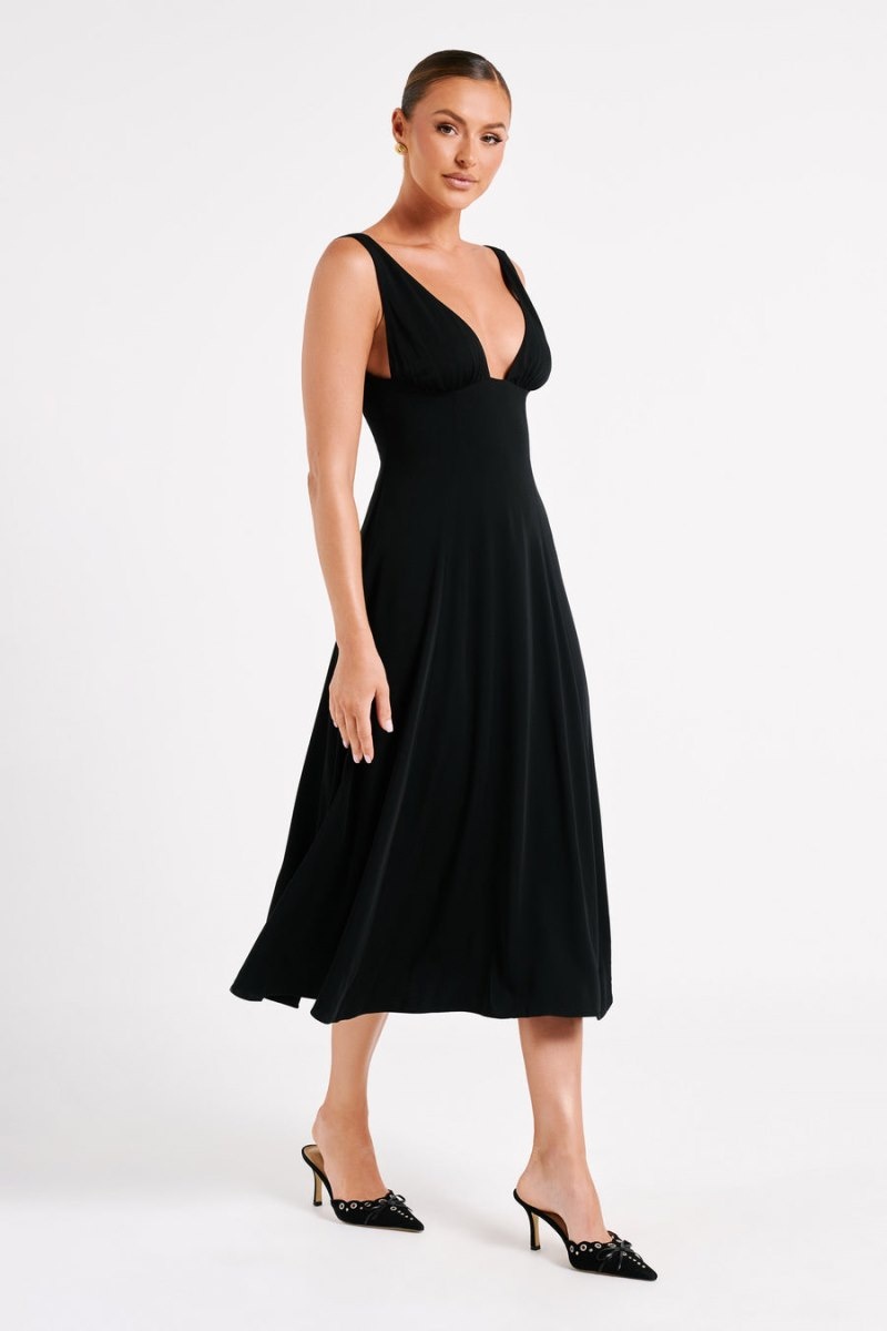 Women's Meshki Soledad Gathered Midi Dress Black Australia | X1F-6601