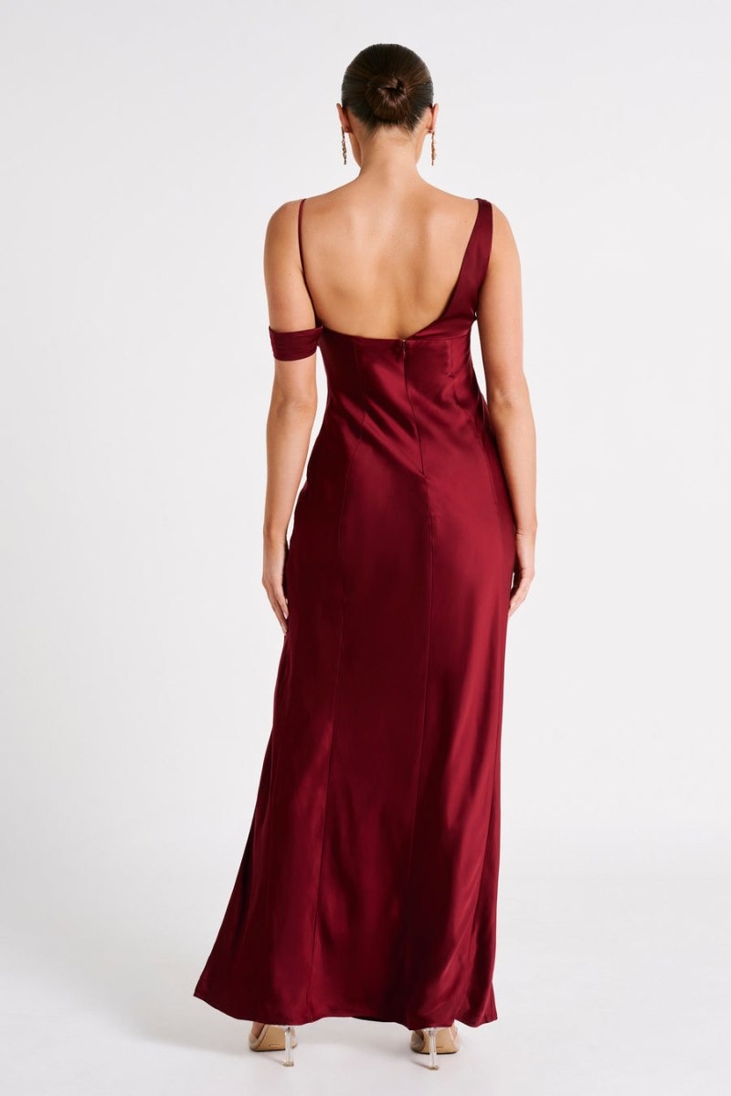 Women's Meshki Soleil Satin Off Shoulder Maxi Dress Burgundy Australia | W8W-4108