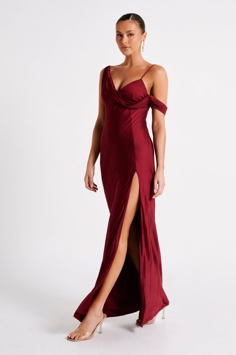 Women's Meshki Soleil Satin Off Shoulder Maxi Dress Burgundy Australia | W8W-4108