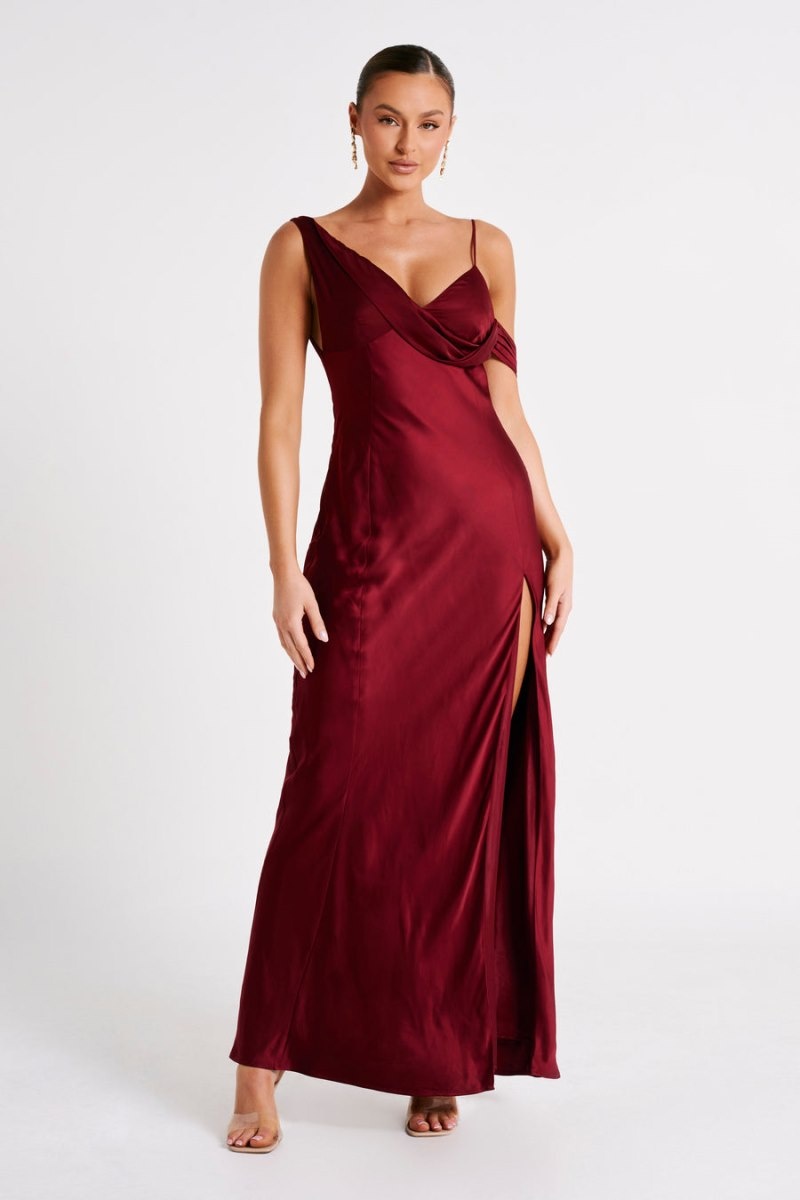 Women's Meshki Soleil Satin Off Shoulder Maxi Dress Burgundy Australia | W8W-4108