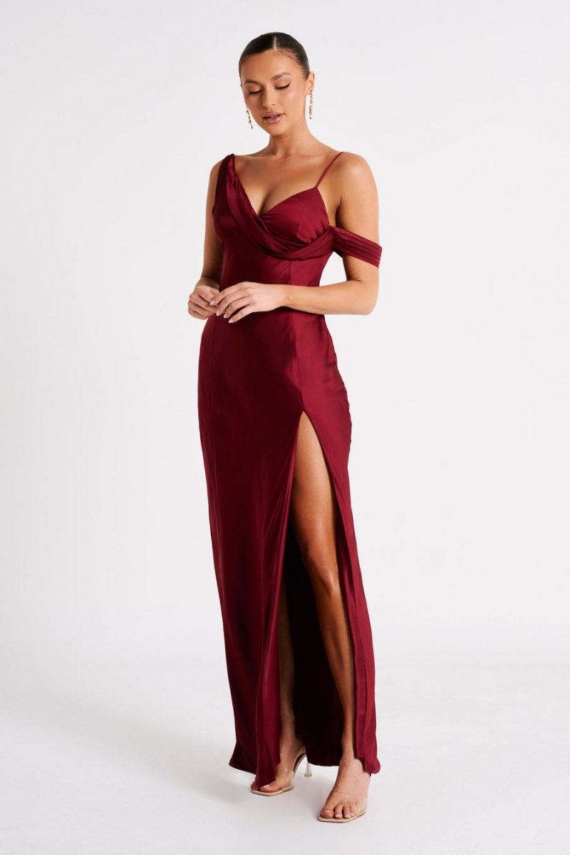 Women's Meshki Soleil Satin Off Shoulder Maxi Dress Burgundy Australia | W8W-4108