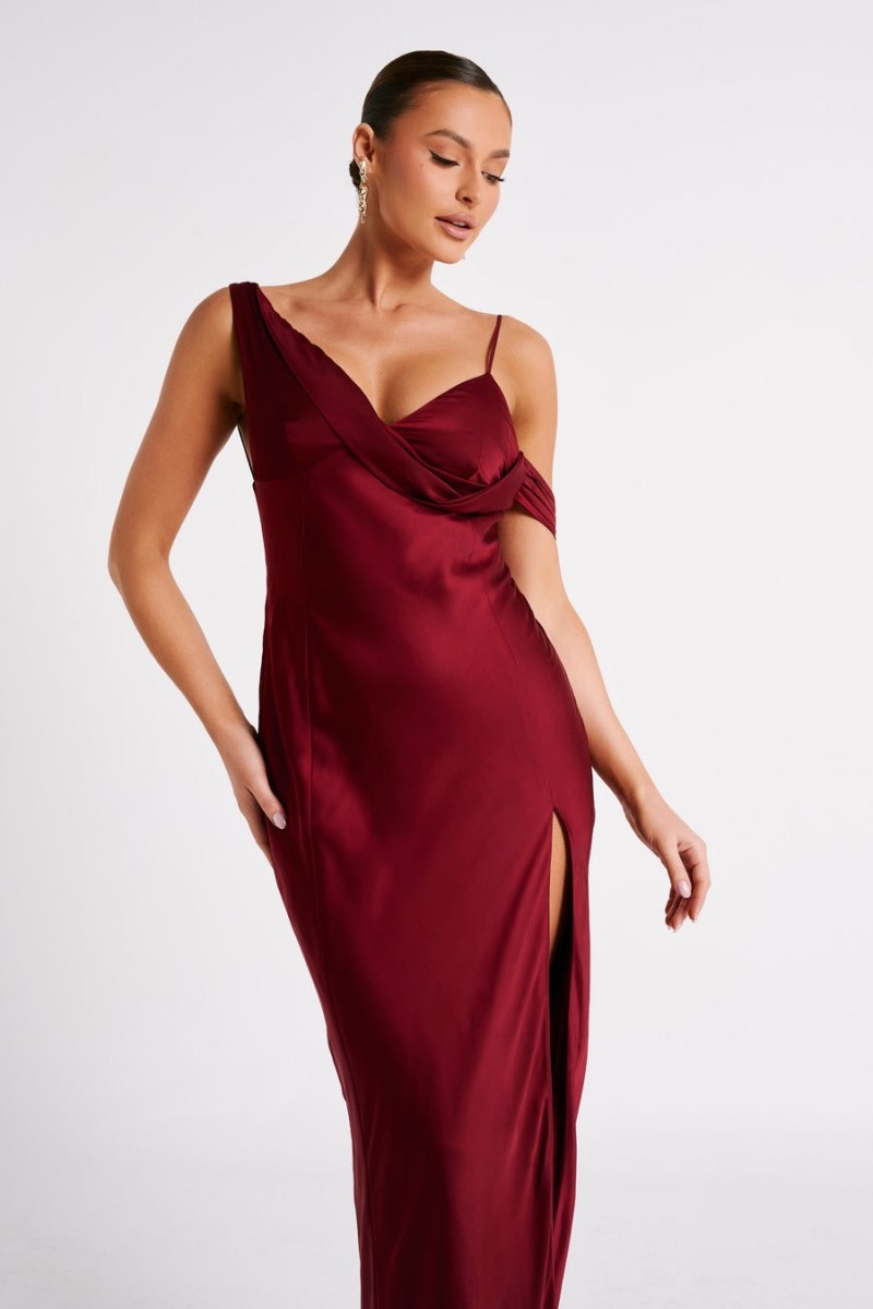 Women's Meshki Soleil Satin Off Shoulder Maxi Dress Burgundy Australia | W8W-4108