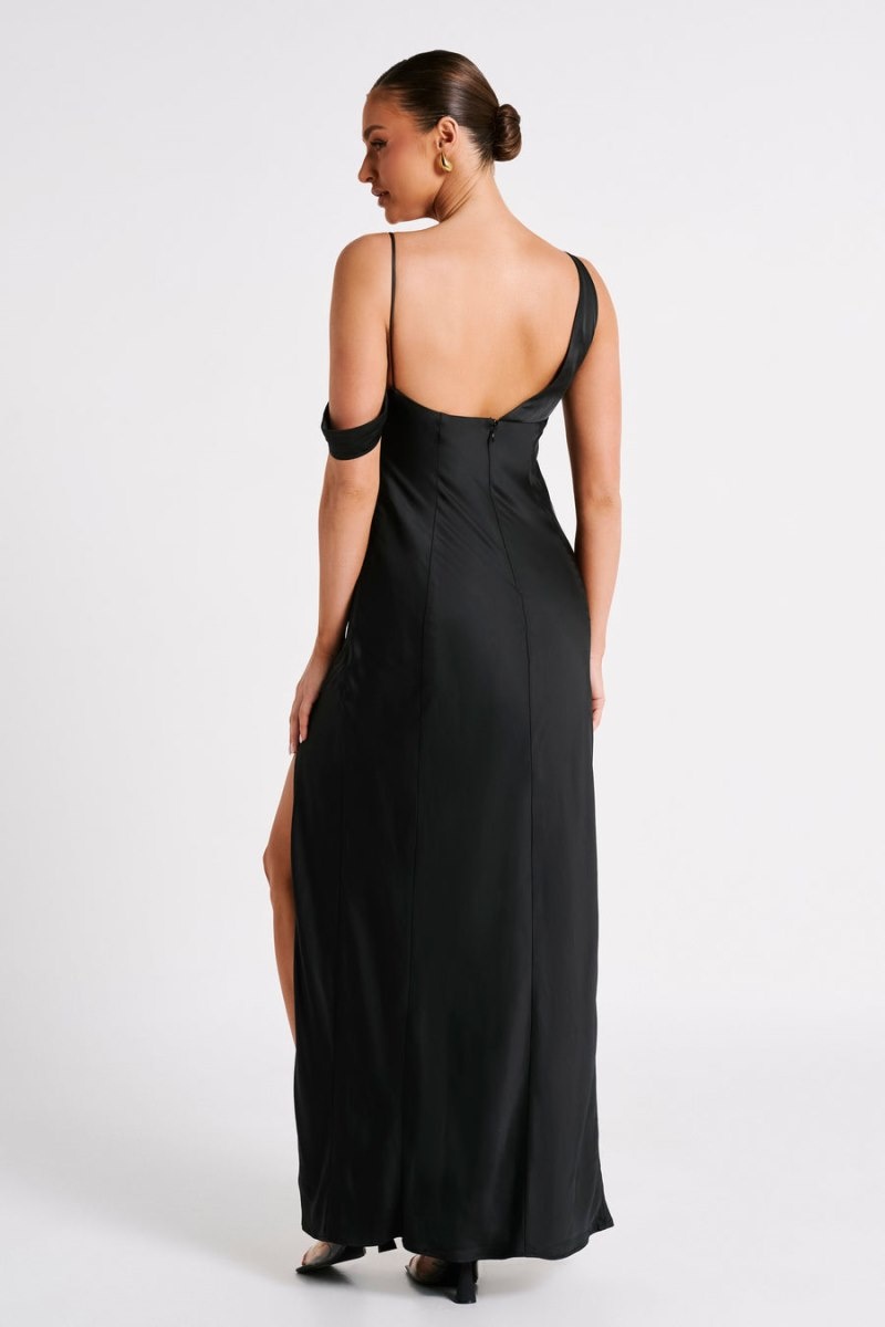 Women's Meshki Soleil Satin Off Shoulder Maxi Dress Black Australia | U6I-0788