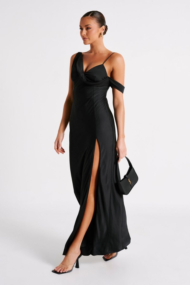 Women's Meshki Soleil Satin Off Shoulder Maxi Dress Black Australia | U6I-0788